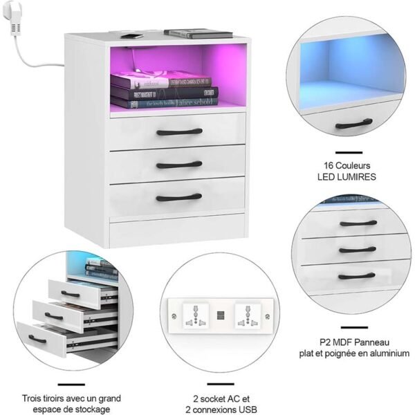 Table de Chevet avec éclairage LED 3 tiroirs Blanc – Image 5