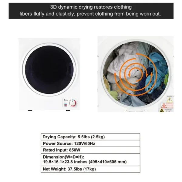 Sèche-linge compact capacité 2,5kg 850W – Image 4