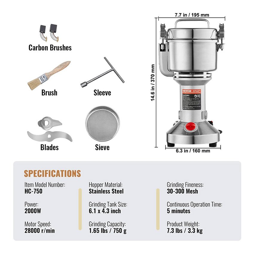 Moulin à Épices Électrique 750 g 2000 W Inox – Image 3