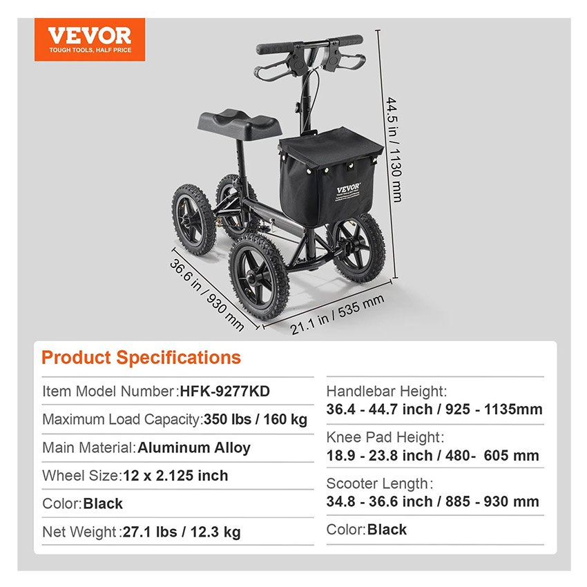 Trottinette pliante pour genoux 160 kg déambulateur orientable alu. – Image 2