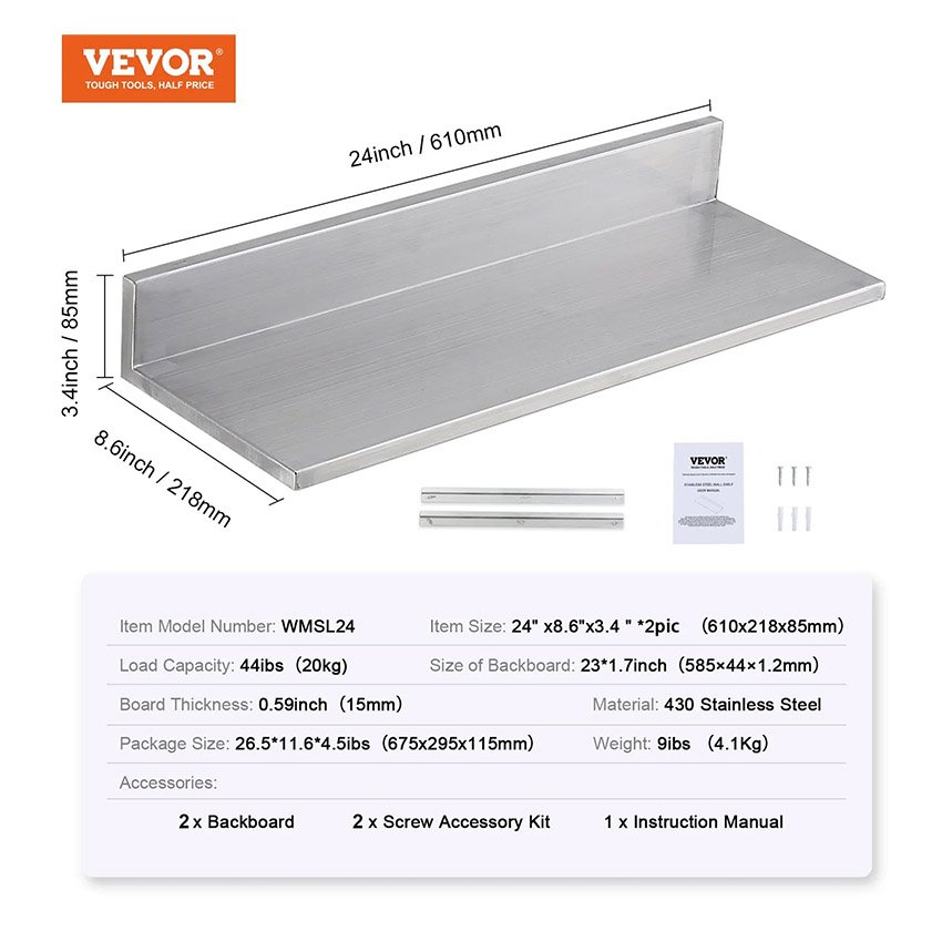 2 Étagères murale 21,8 x 61 cm en acier inoxydable – Image 5